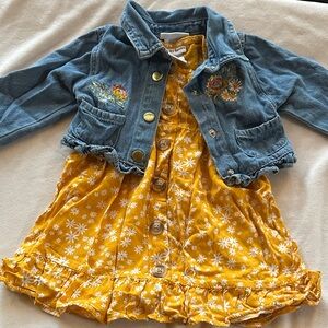 Floral Embroidered Denim Jacket with Yellow Dress